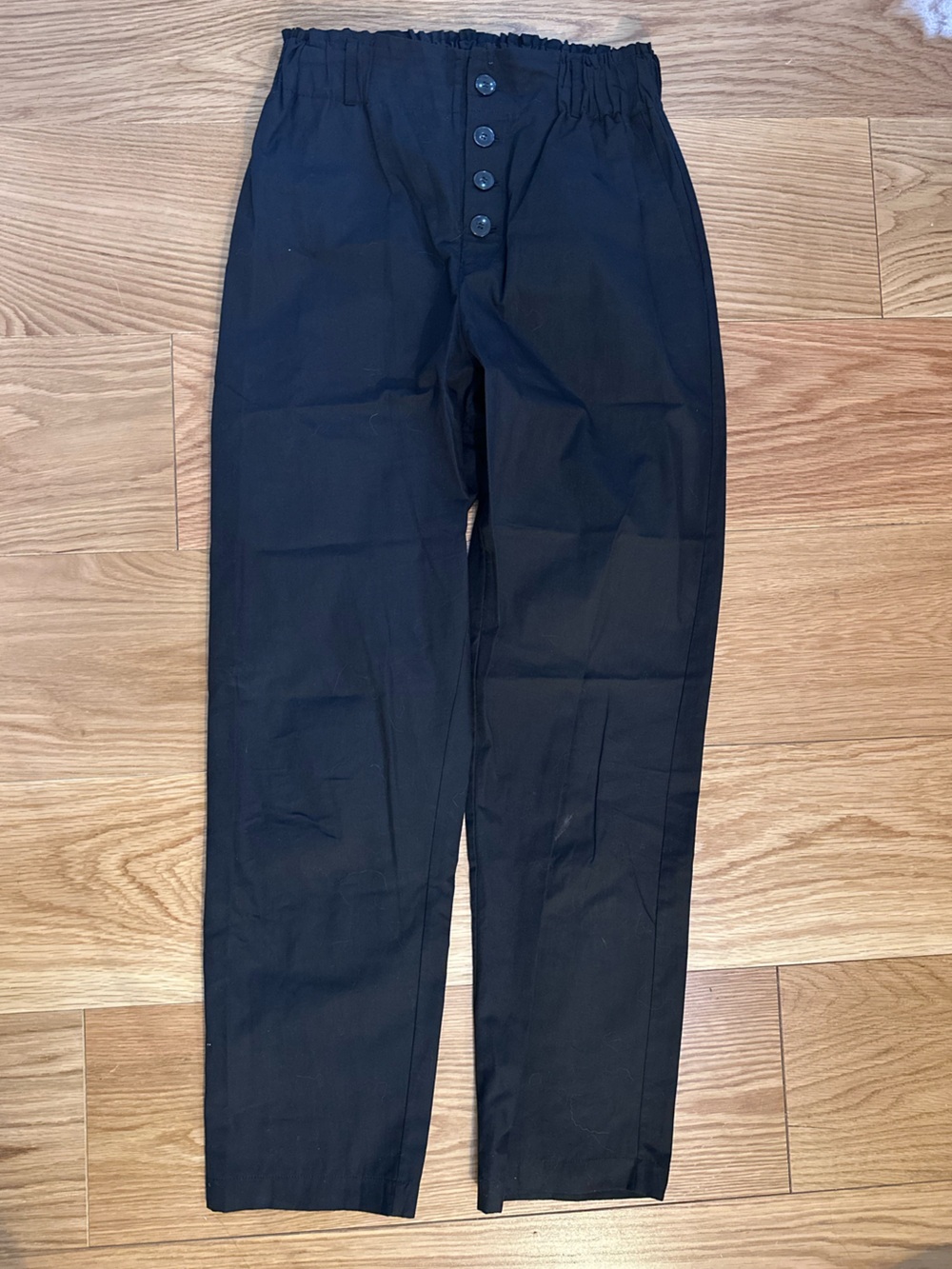 High-Waist Black Poplin Ankle Pants with Button Front